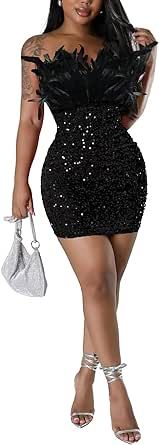LROSEY Women's Feather Sequin Dress Plus Size Y2K Sparkly Mini Dresses for Birthday Party Club Cocktail Homecoming Christmas